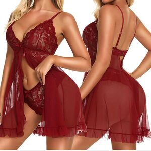 Wine Red Women Sexy Lingerie Lace Babydoll Chemise Sleepwear With Thong Set